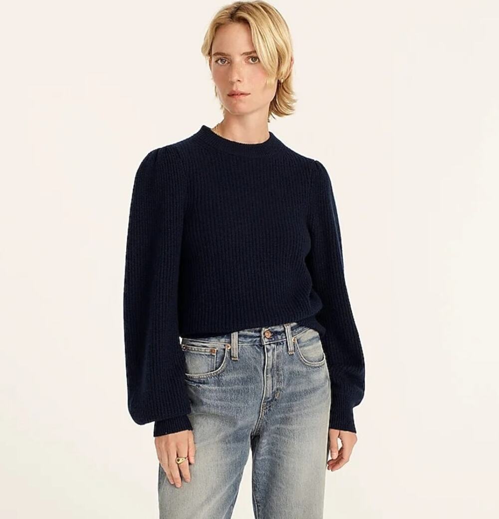 J. CREW 100% Cashmere Puff Sleeve Sweater Navy Blue Mock Neck Women's XS